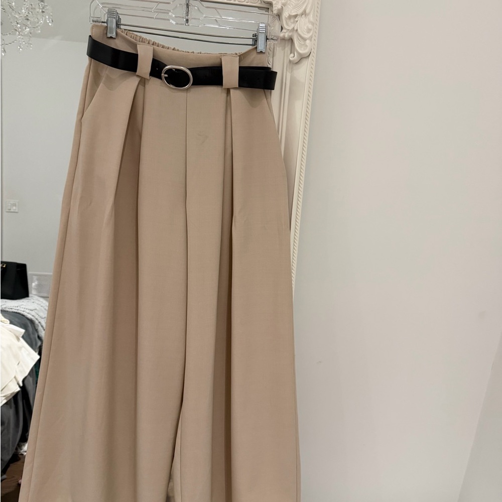Wide Leg High-Waist Trousers with Belt - Beige